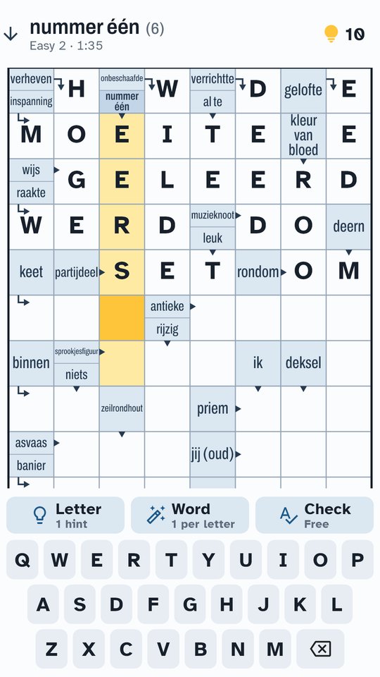 An arrowword in progress: the grid with clues inside the cells, buttons to reveal a letter, reveal a word or check, and the keyboard below