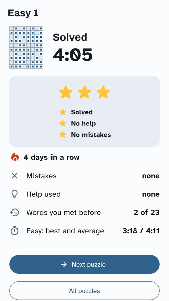 The screen after a solved puzzle: the time, three stars, the number of mistakes and the help used