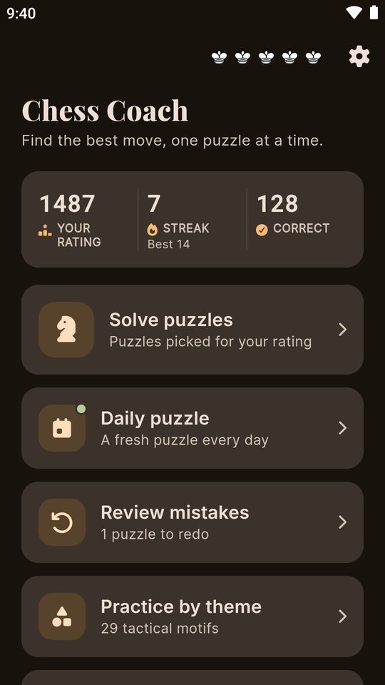 Home screen showing rating, day streak and puzzles solved, above entries for solving puzzles, the daily puzzle, reviewing mistakes and practising by theme